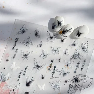 5D embossed ink butterfly nail art stickers with Chinese calligraphy for 3D manicures