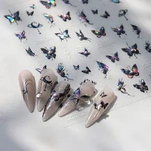Holographic Relief Butterfly Nail Stickers With Faux Artificial Pearl Embellishment Laser Aurora Star Moon Nail Art Decals For Women