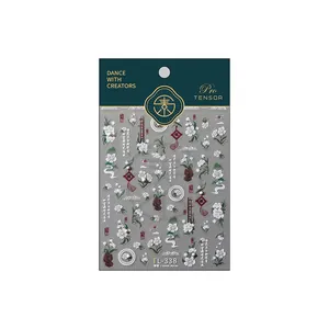 3D vintage pearl nail art stickers with white flowers and Chinese style designs