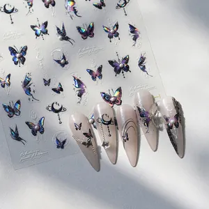 Holographic butterfly nail stickers with crescent moons and starry patterns for nail art