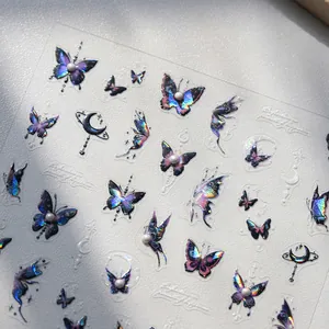 Holographic 3D butterfly nail stickers with pearlescent accents and metallic laser shine