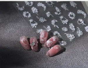 Macro detail of 3D white floral lace nail stickers with elegant pearl accents on nails