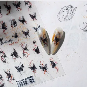 Macro detail of TS-3968 butterfly nail art stickers with black ink butterfly design