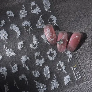 5D Embossed White Flower Nail Art Stickers Korean Minimalist Self Adhesive Bow Star Faux Artificial Pearl Design Manicure Decals Women DIY Decor