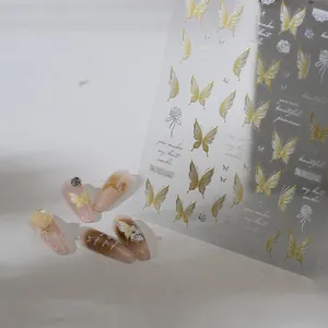 Autocollants à ongles papillon translucides avec dégradés jaunes et strass brillants