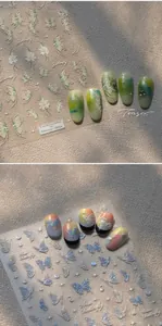 Detail of 3D embossed butterfly nail stickers with floral patterns and vibrant colors