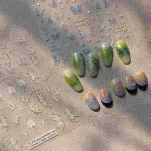 3D Embossed Butterfly Flower Nail Art Stickers Holographic Glass Texture Self Adhesive Nail Decals For Women DIY Decoration