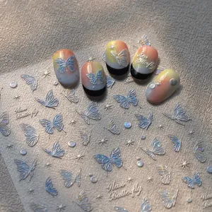 3D butterfly nail stickers with aurora effect and glass-like embossed golden textures