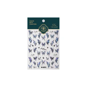 Elegant holographic blue butterfly nail art stickers M-871 with gold foil stamping details