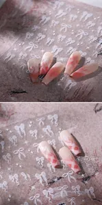 Macro detail of 5D embossed white ribbon bows and starlight patterns on 3D nail art stickers