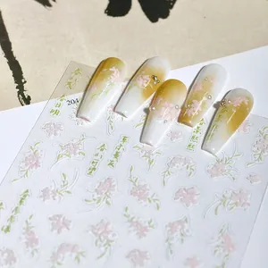 Minimalist floral nail stickers with spring flowers and Chinese calligraphy designs