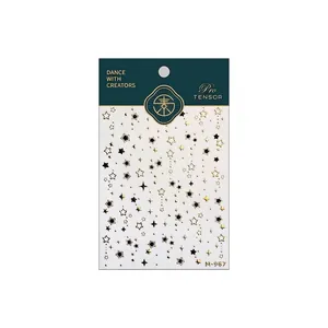 Black and gold 3D star nail stickers with metallic dots for luxury manicure styling