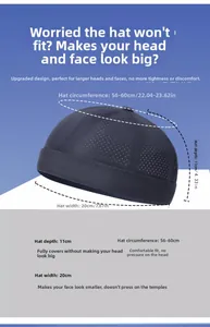 Size chart showing 56-60cm circumference and 11cm depth for breathable mesh docker cap