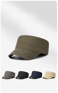 Detail view of the embroidered BOSTON logo and stitching on cotton flat top military caps