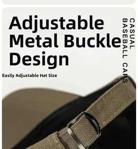 Detail of adjustable metal buckle on cotton baseball cap for custom sizing