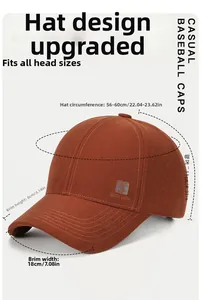 Caramel cotton baseball cap sizing guide with detailed brim and depth measurements