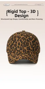 Detailed view of the leopard print baseball cap featuring a structured hard top design