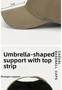 Detail of khaki baseball cap featuring a 7cm brim and internal umbrella support structure