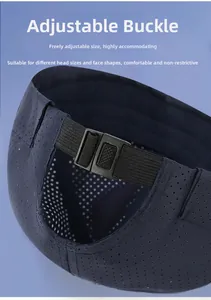 Detail of adjustable back buckle on breathable mesh brimless docker hat for custom fit
