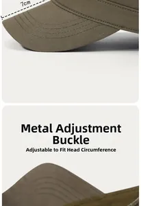 Detail of olive green baseball cap showing 7cm brim and adjustable metal buckle
