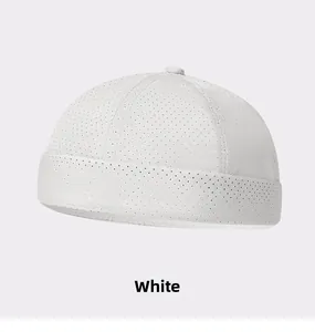 Close-up of a white breathable mesh docker hat with a brimless roll-up design and metal eyelets