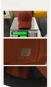 Detailed views of brick red cotton baseball cap with embroidery showing weight and interior