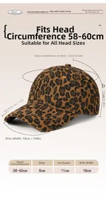 Size chart showing baseball cap dimensions: head circumference, brim, and depth values