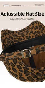 Detail of adjustable metal buckle and leopard print pattern on a trendy baseball cap