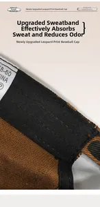 Detailed macro view of leopard baseball cap interior featuring a wide sweatband and size label