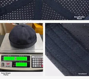 Detail of lightweight breathable mesh docker hat showing 25.1g weight and sweatband