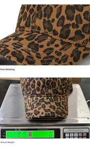 Close-up of leopard print baseball cap with precise stitching and 81.5g weight detail