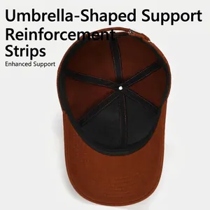 Inside view of brown baseball cap showing reinforced crown tape and metal buckle