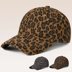 Vintage Leopard Print Cotton Baseball Cap Distressed Hole Adjustable Sunshade Hat For Men Women Outdoor Casual Streetwear