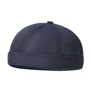 Navy blue breathable mesh docker cap for outdoor activities with a modern brimless design
