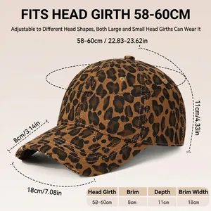 Distressed leopard print baseball cap size guide showing 58-60cm head circumference
