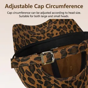 Distressed leopard print baseball cap with adjustable metal buckle closure on the back