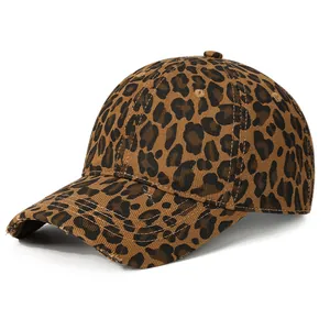Stylish distressed leopard print baseball cap with frayed brim and vintage cotton fabric