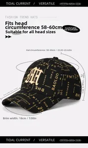 Detail view of black baseball cap with golden embroidery and 58-60cm size measurements