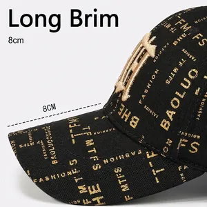 Black cotton baseball cap with gold embroidery and all-over pattern, 8cm curved brim