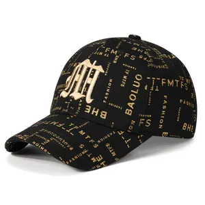 Black canvas baseball cap with golden embroidery and stylish all-over printed letters
