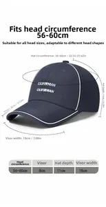 Size chart for quick-dry baseball cap showing 56-60cm circumference and 8cm brim detail
