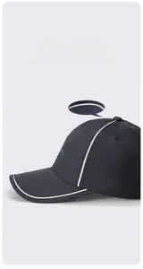 Detail of navy quick-dry sports cap with reflective stripes and side embroidery