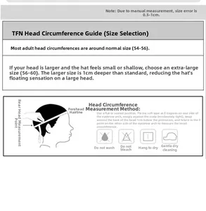 Size guide for men's baseball caps with head measurement tips and wash care instructions