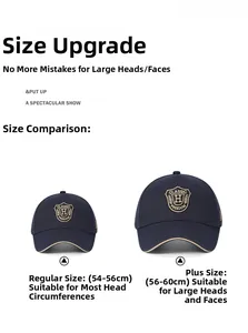 Size guide for baseball cap comparing regular 54-56cm and plus 56-60cm for larger heads