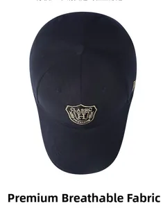 Top view of navy cotton baseball cap with embroidered shield emblem and breathable fabric
