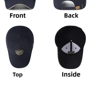 Detailed views of navy cotton baseball cap showing metallic buckle and gold shield embroidery