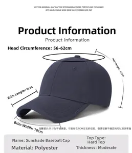 Detailed size chart for the deep blue baseball cap showing dimensions for 56-62cm head size