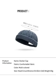 Détails du bonnet de docker en denim avec guide des tailles réglable de 55-60cm