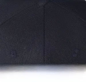 Detailed close-up of dark blue cotton baseball cap with reinforced stitching and eyelets