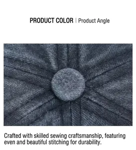 Détail de la couture de la couronne et du bouton supérieur d'un bonnet docker en denim lavé